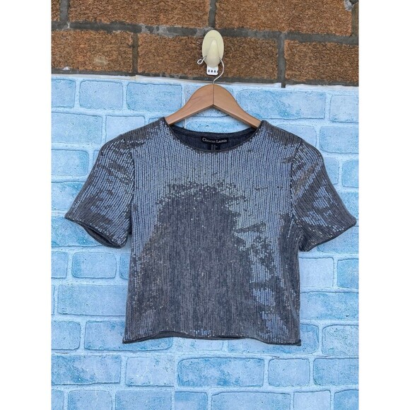 Christian Lacroix Scoop Neck Short Sleeve cropped Metallic & Silver sequin top - Picture 1 of 6